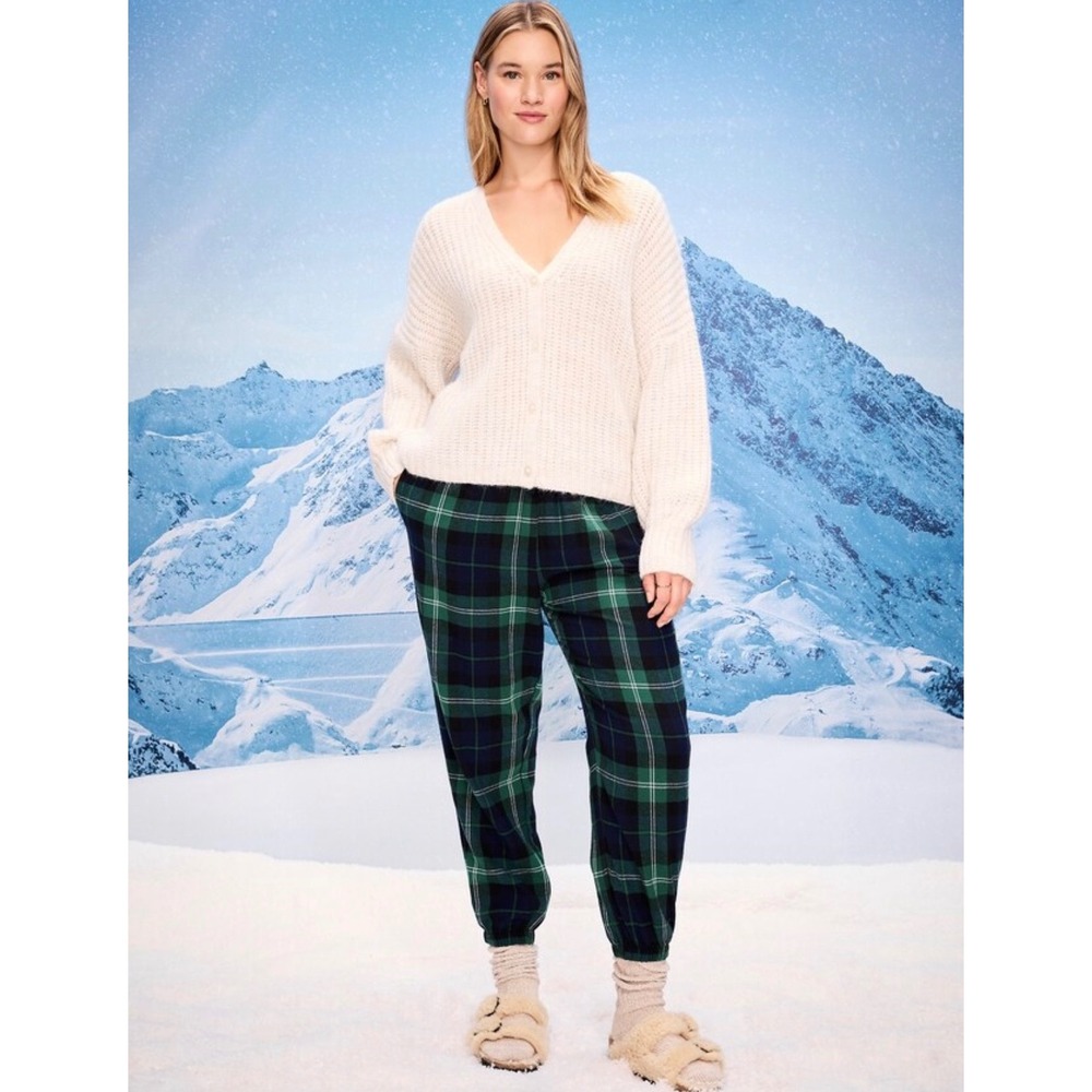 Old Navy Green Plaid Flannel Pajama Joggers High Waisted Womens Small Cozy